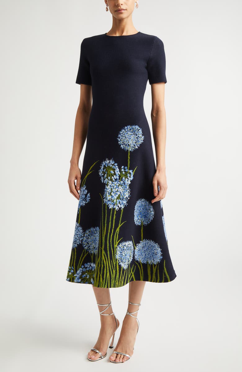Oscar de la Renta Allium Jacquard Knit A-Line Dress, Alternate, color, Night Sky Multi