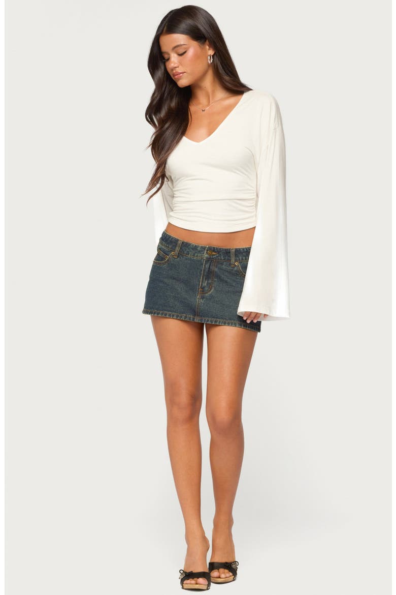 Bebe Ruched Long Sleeve V-Neck T-Shirt, Alternate, color, WHITE