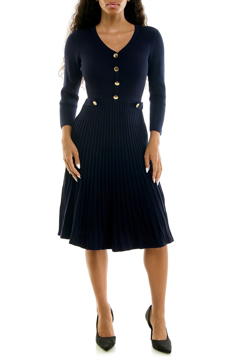 Pleated Long Sleeve Sweater Dress, Main, color, NAVY