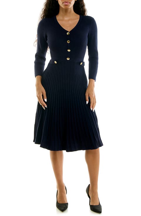 Pleated Long Sleeve Sweater Dress