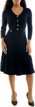 Nina Leonard Pleated Long Sleeve Sweater Dress