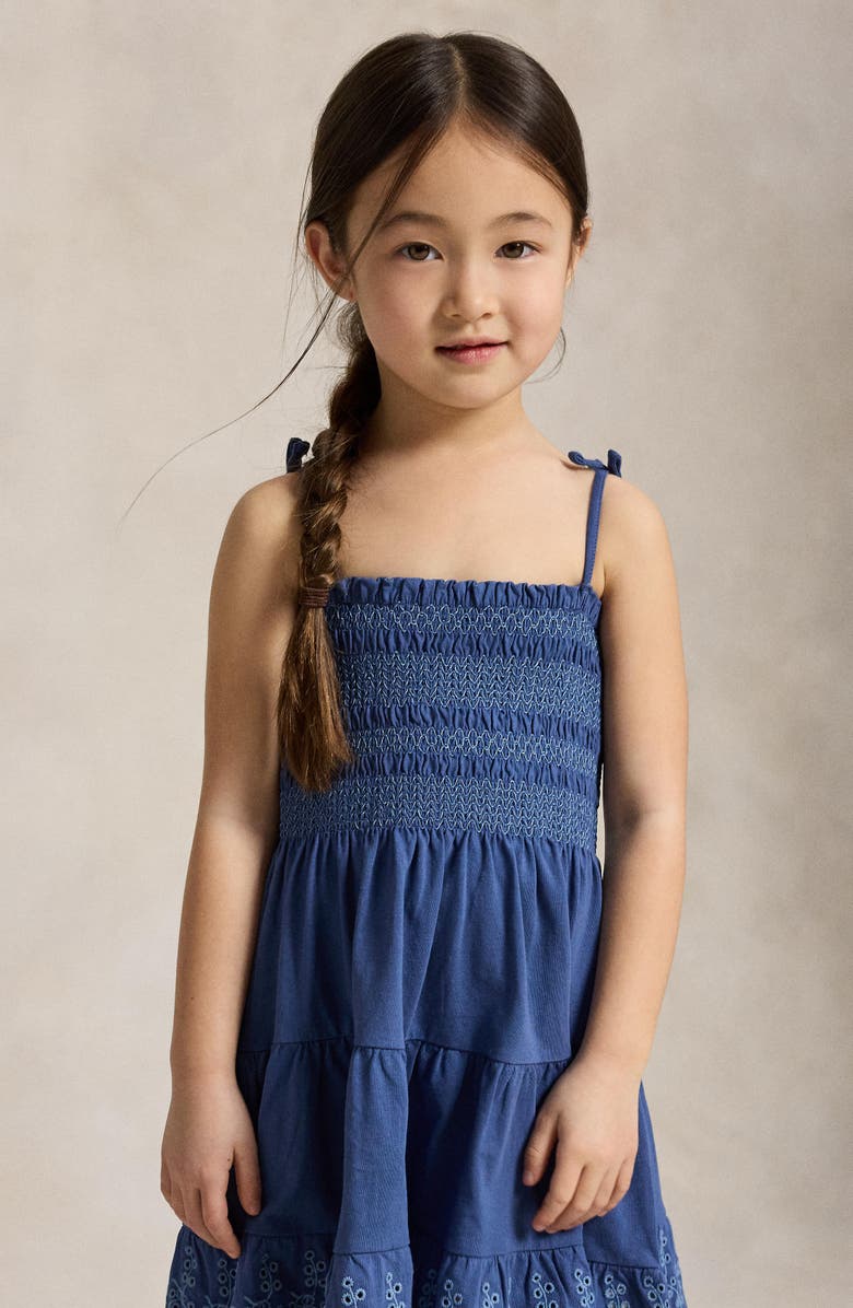 Polo Ralph Lauren Kids' Smock Bodice Cotton Eyelet Sundress, Alternate, color, Earth Blue