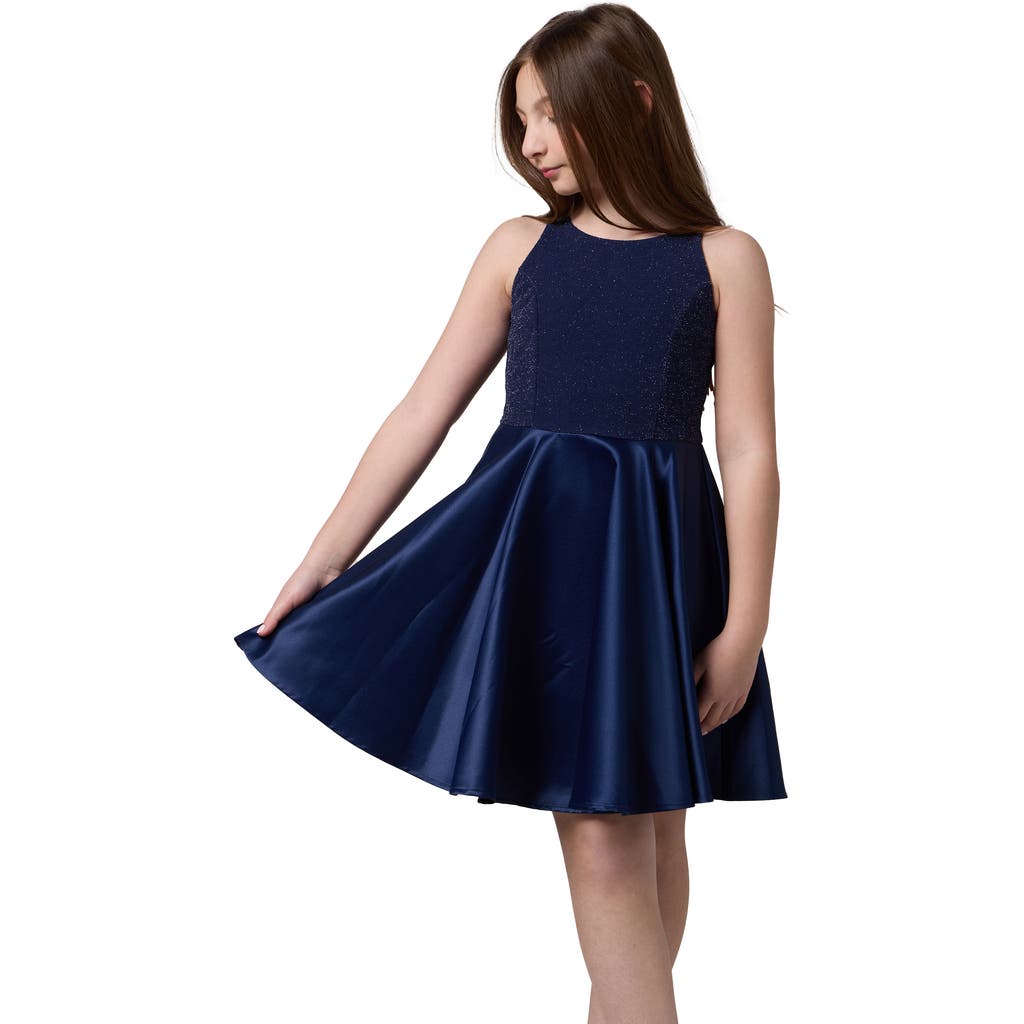 Un Deux Trois Glitter And Satin Racerback Dress In Blue