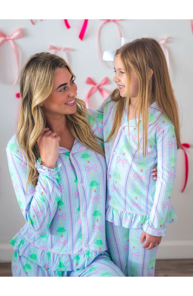 RuffleButts SoftSnooze Women's Ruffle Flare Pajama Set, Alternate, color, Merry Bow Dreams