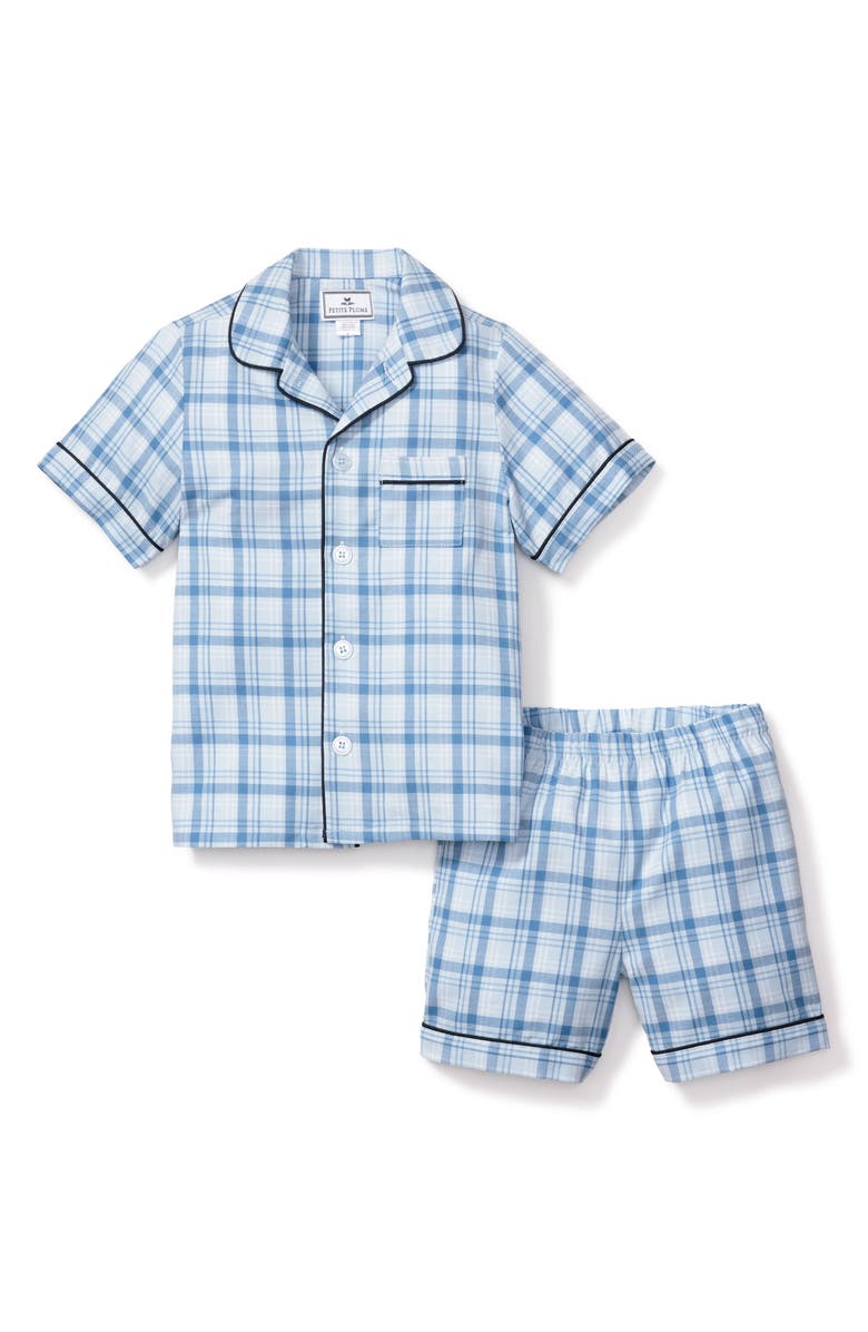 Petite Plume Kids' Seafarer Tartan Plaid Two-Piece Short Pajamas, Main, color, Blue
