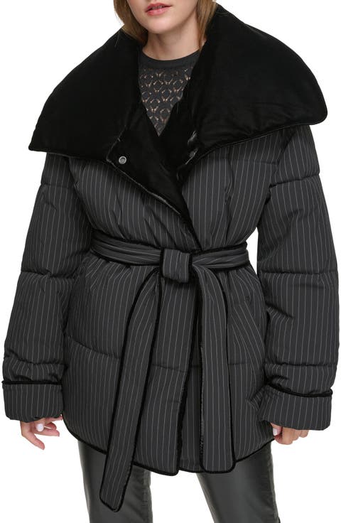 Krithia Pinstripe Belted Puffer Coat