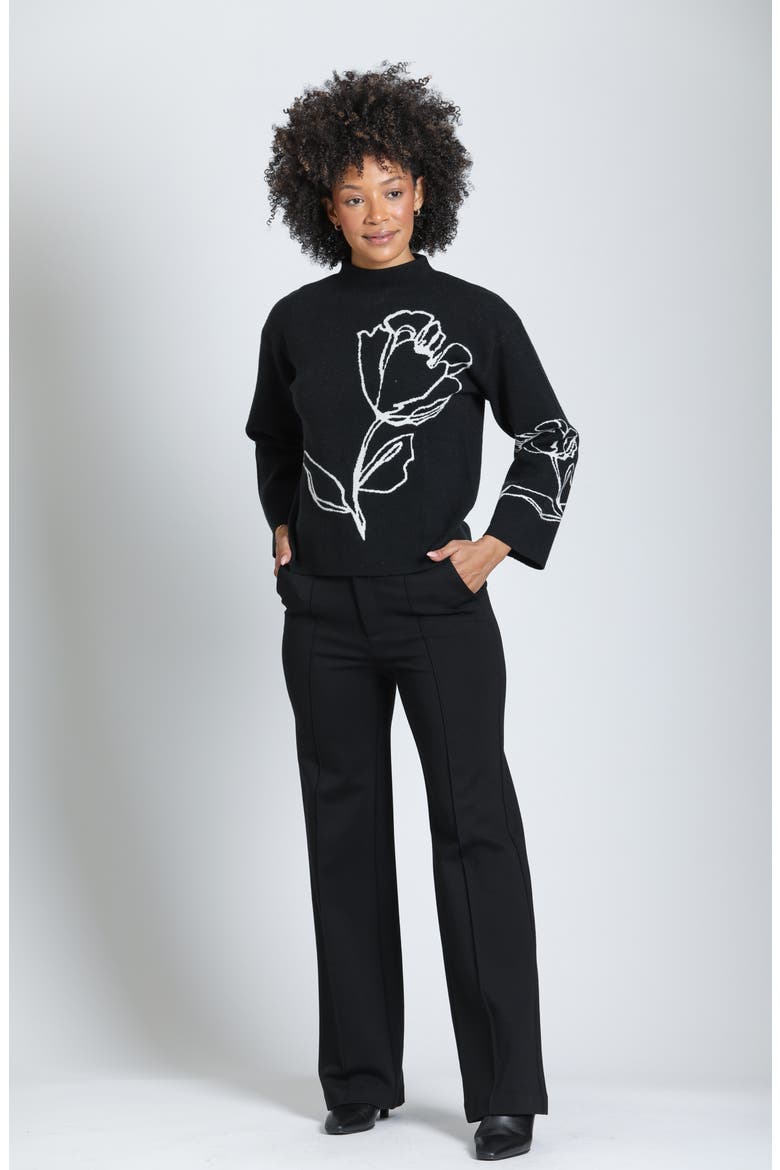 Contrast Floral Pullover Sweater, Alternate, color, JET/IVORY