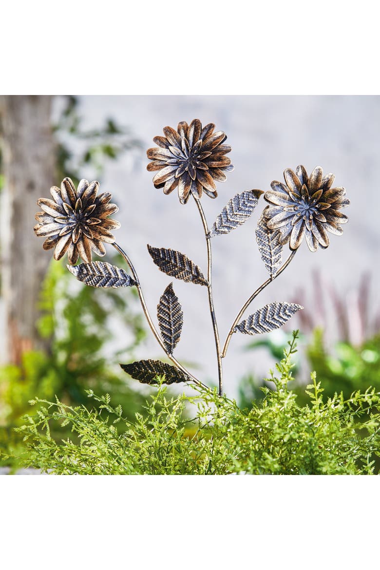 Three Flowers Plant Stake Antique Brass Iron Spring, Alternate, color, Gold