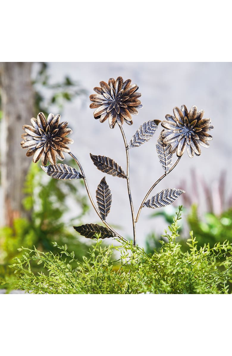 tag Three Flowers Plant Stake Antique Brass Iron Spring, Alternate, color, Gold
