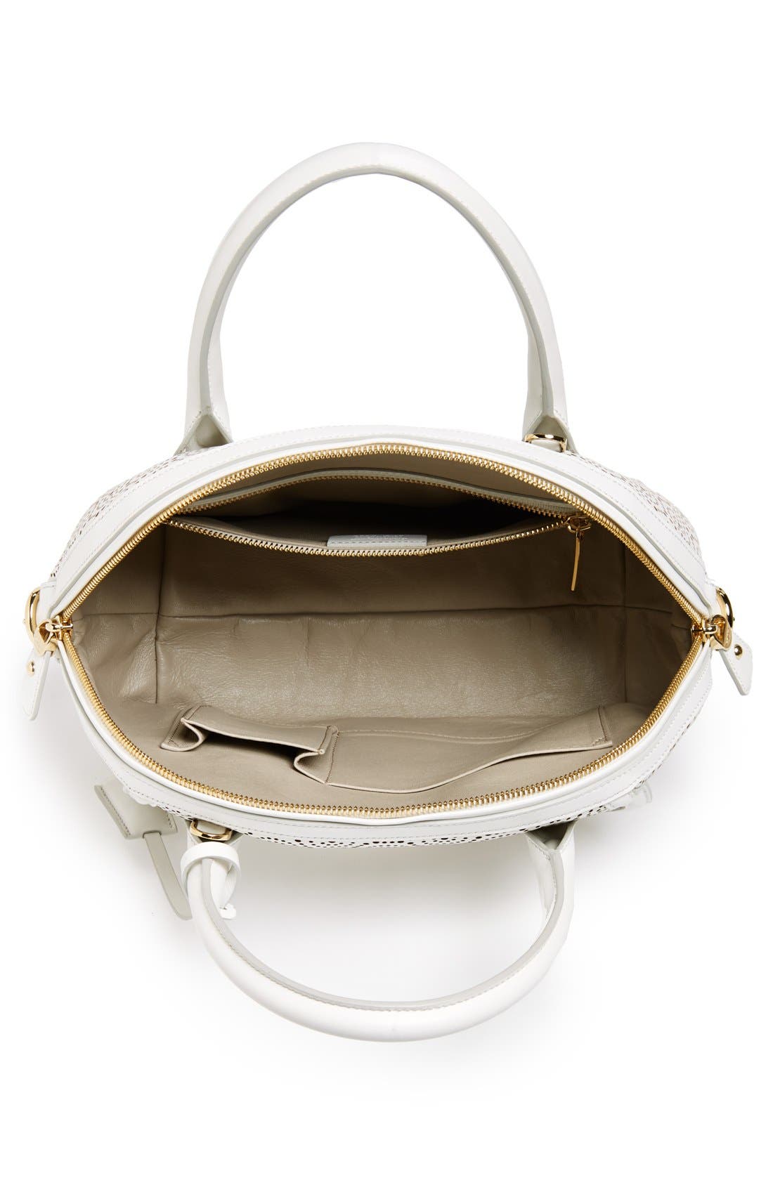 Salvatore Ferragamo 'Fiamma' Perforated Leather Dome Satchel, Alternate, color, NEW BIANCO