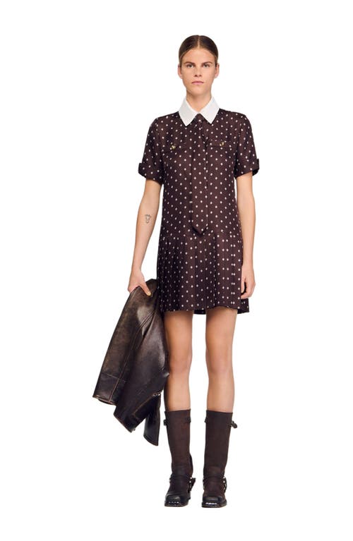 Sandro Printed Satin-effect Short Dress In Brown