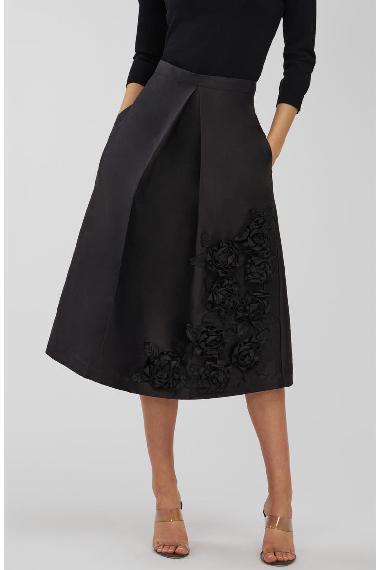 Logan Floral Appliqué Midi Skirt, Alternate, color, BLACK