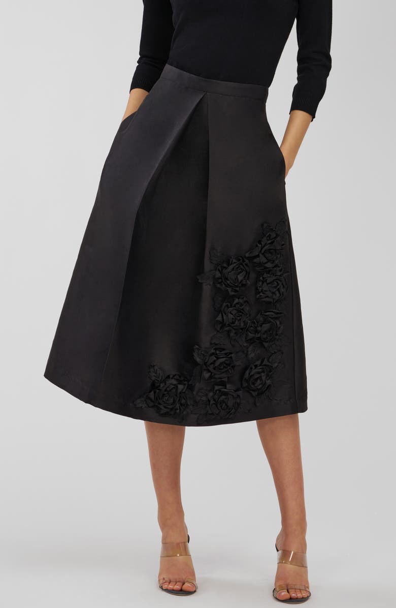 Kay Unger Logan Floral Appliqué Midi Skirt, Alternate, color, Black
