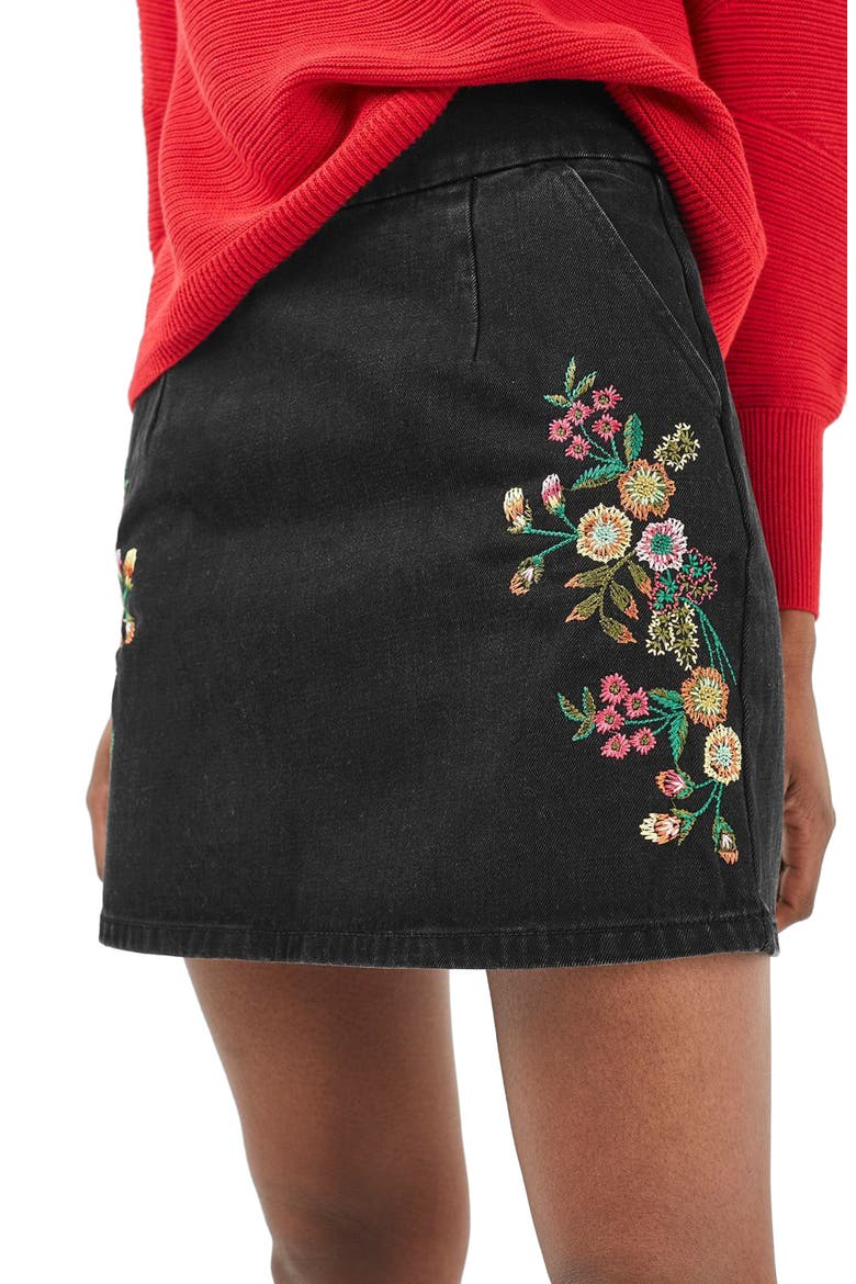 Embroidered Denim A-Line Skirt, Main, color, BLACK MULTI