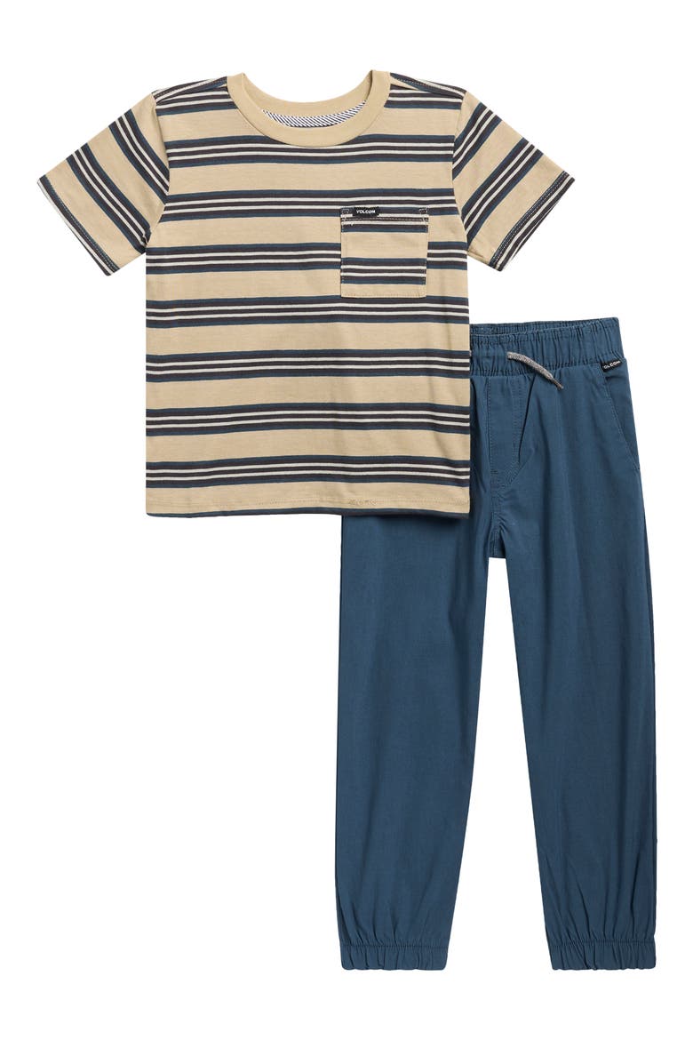 Kids' Striped Pocket T-Shirt & Shorts Set, Main, color, DARK KHAKI