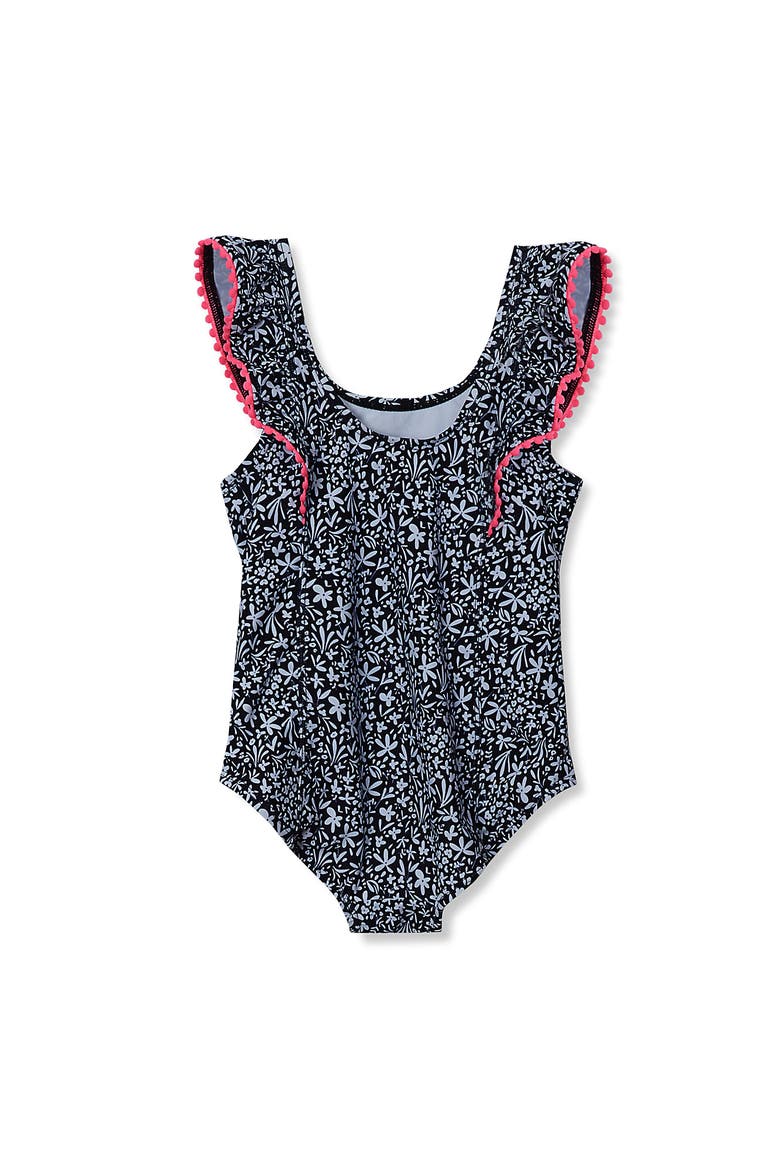 Girls Chlorine Resistant Scoop Neck Ruffle One Piece Swimsuit, Alternate, color, Deep Sea Navy/Ditsy Floral