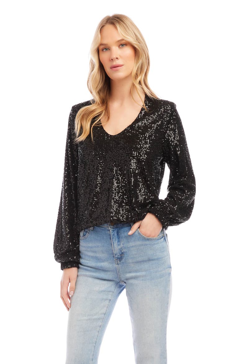 Sequin Blouson Sleeve Top, Alternate, color, BLACK