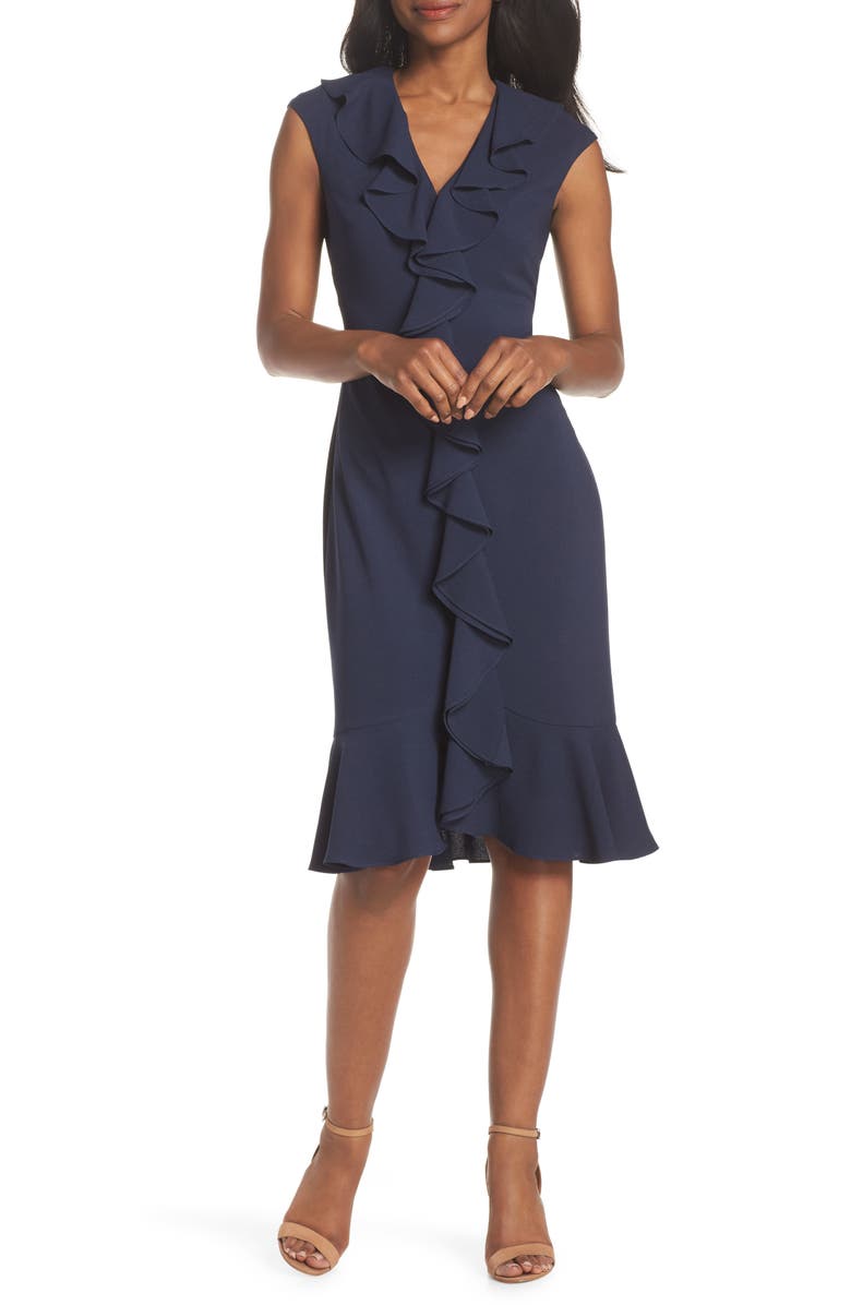 Maggy London Crepe Ruffle Front Sheath Dress, Main, color,