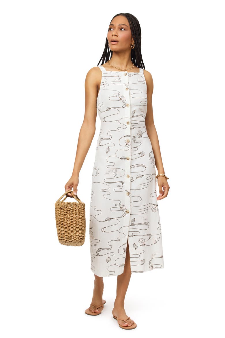 Sleeveless Button Front Linen Blend Midi Dress, Alternate, color, WAVY FLORAL