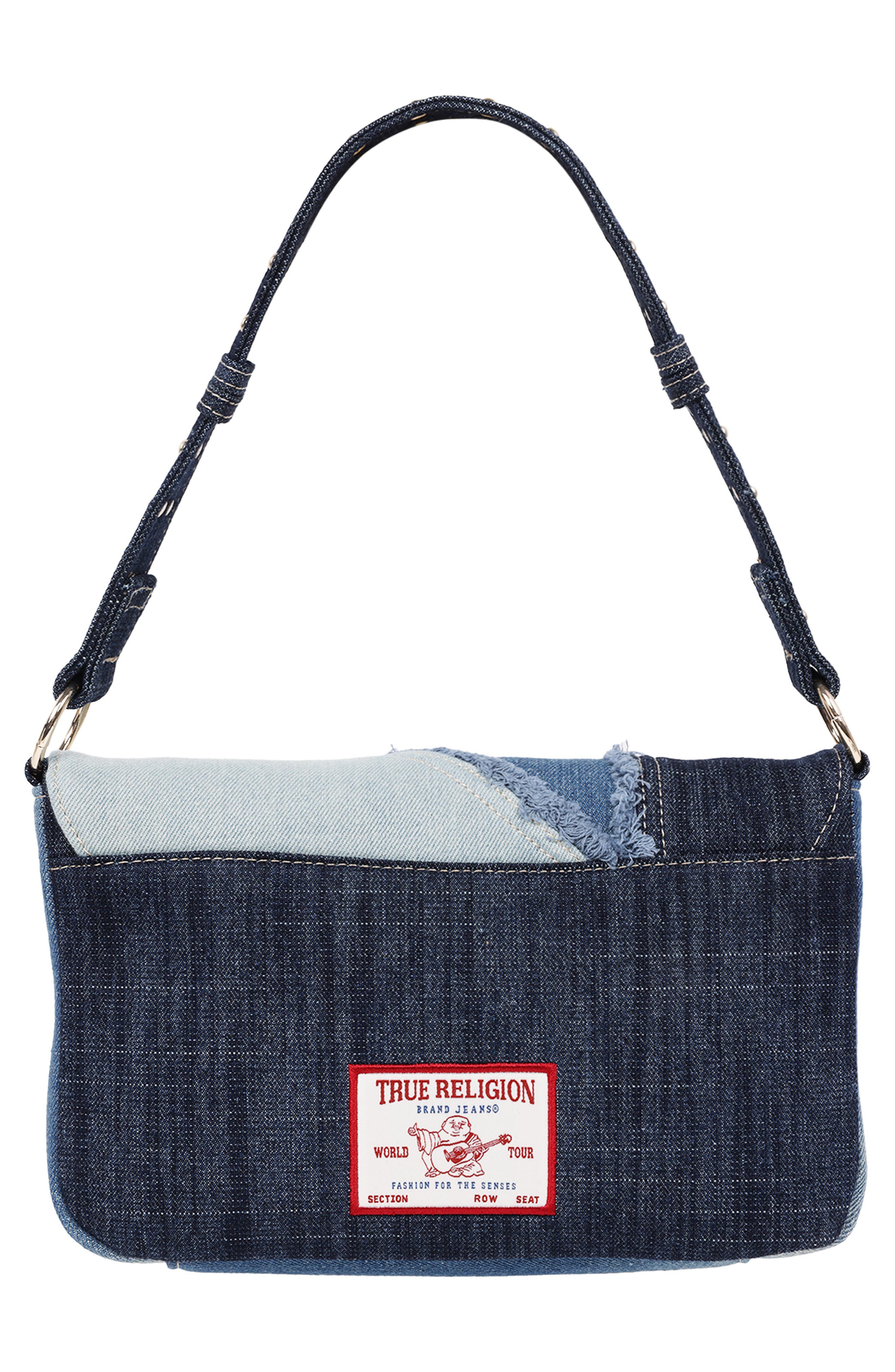 True Religion Frayed Denim Horseshoe Shoulder Bag, Alternate, color, Denim/ Blue
