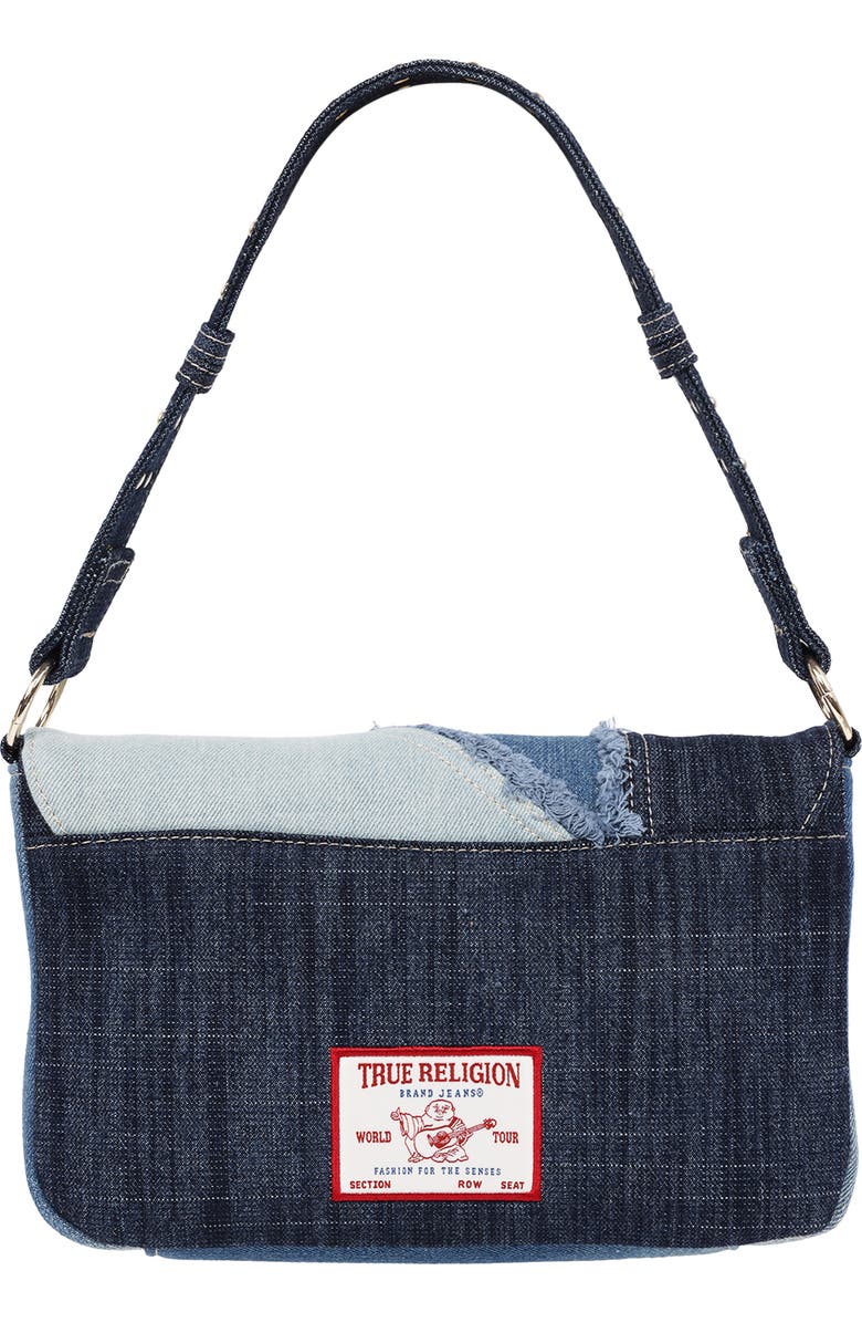 True Religion Frayed Denim Horseshoe Shoulder Bag, Alternate, color, Denim/ Blue