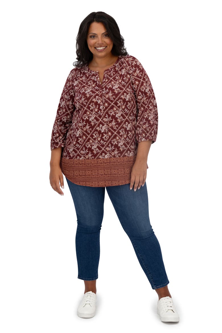 Border Print Top, Alternate, color, BURGUNDY MULTI