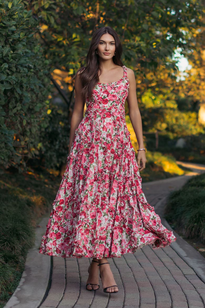 Ruffle Scoop Neck Floral A-Line Dress, Alternate, color, Pink Multi