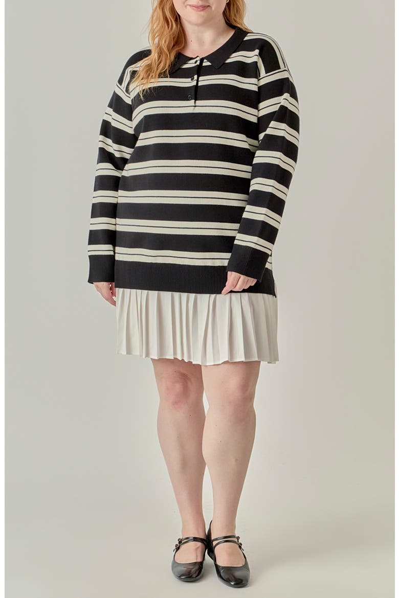Long Sleeve Mixed Media Polo Minidress, Main, color, BLACK/ CREAM