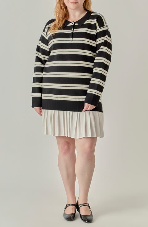 Long Sleeve Mixed Media Polo Minidress