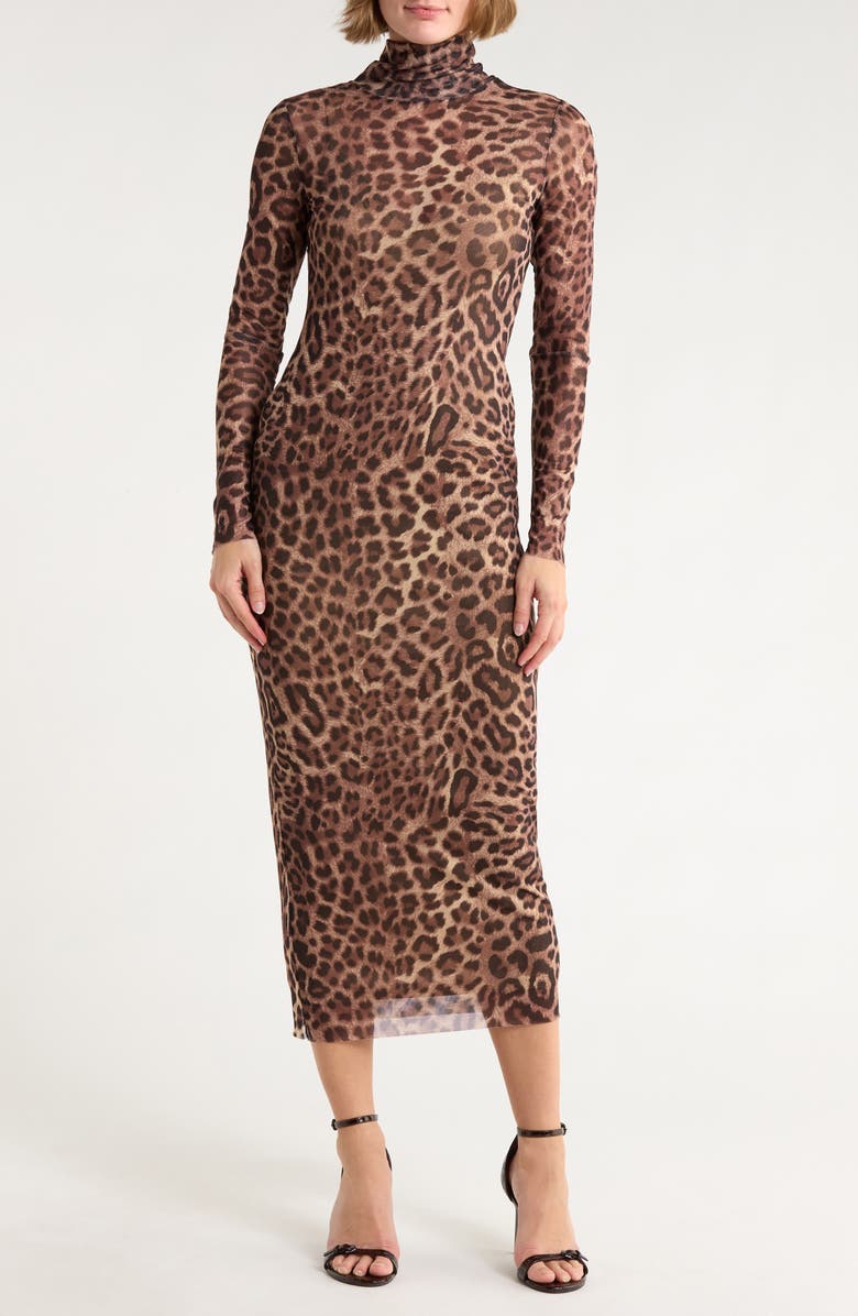 AFRM LOS ANGELES Marni Turtleneck Long Sleeve Mesh Dress, Main, color, Cocoa Cheetah