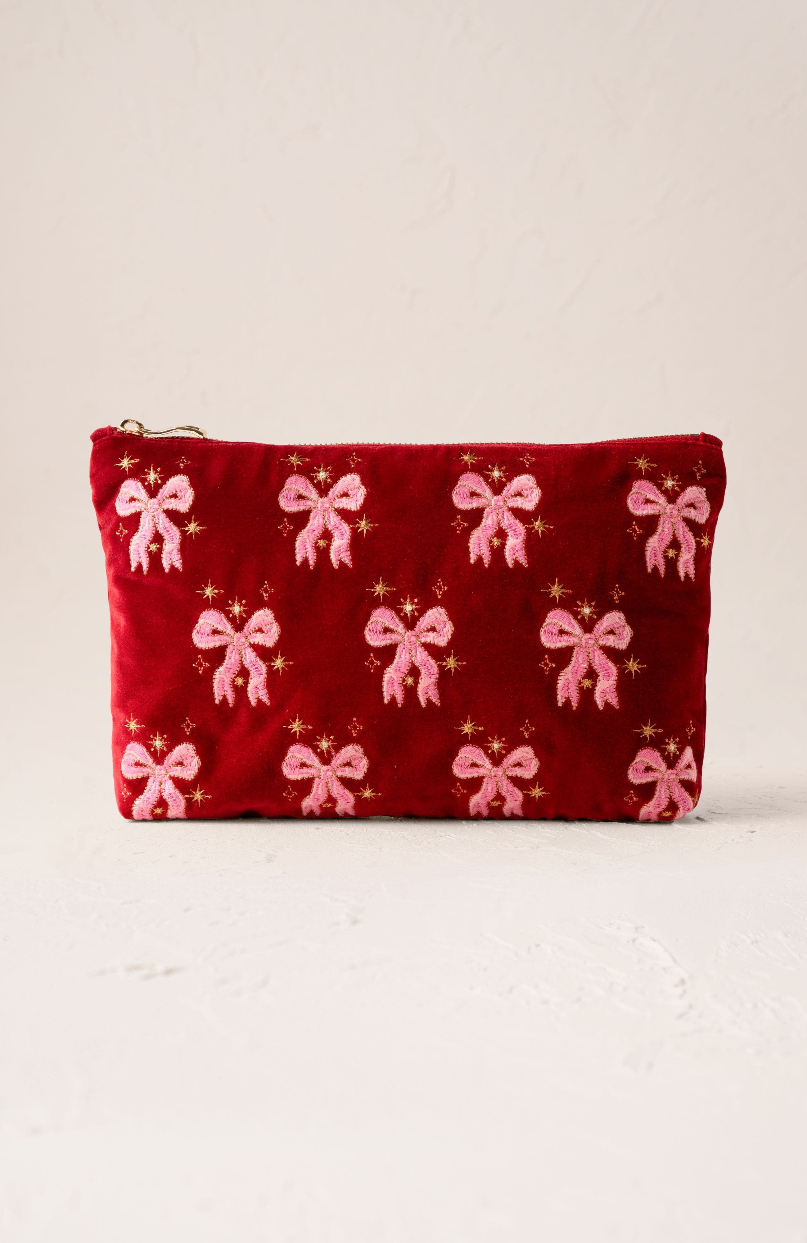 Elizabeth Scarlett Dazzling Bows Velvet Everyday Pouch, Main, color, Rouge