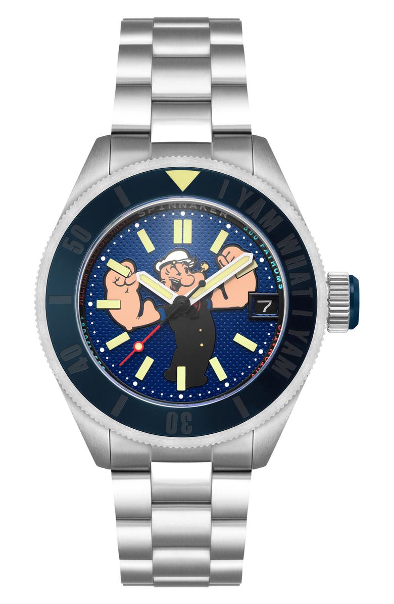 SPINNAKER x Popeye Forearm Fury Piccard Automatic Bracelet Watch, 45mm, Main, color, Blue
