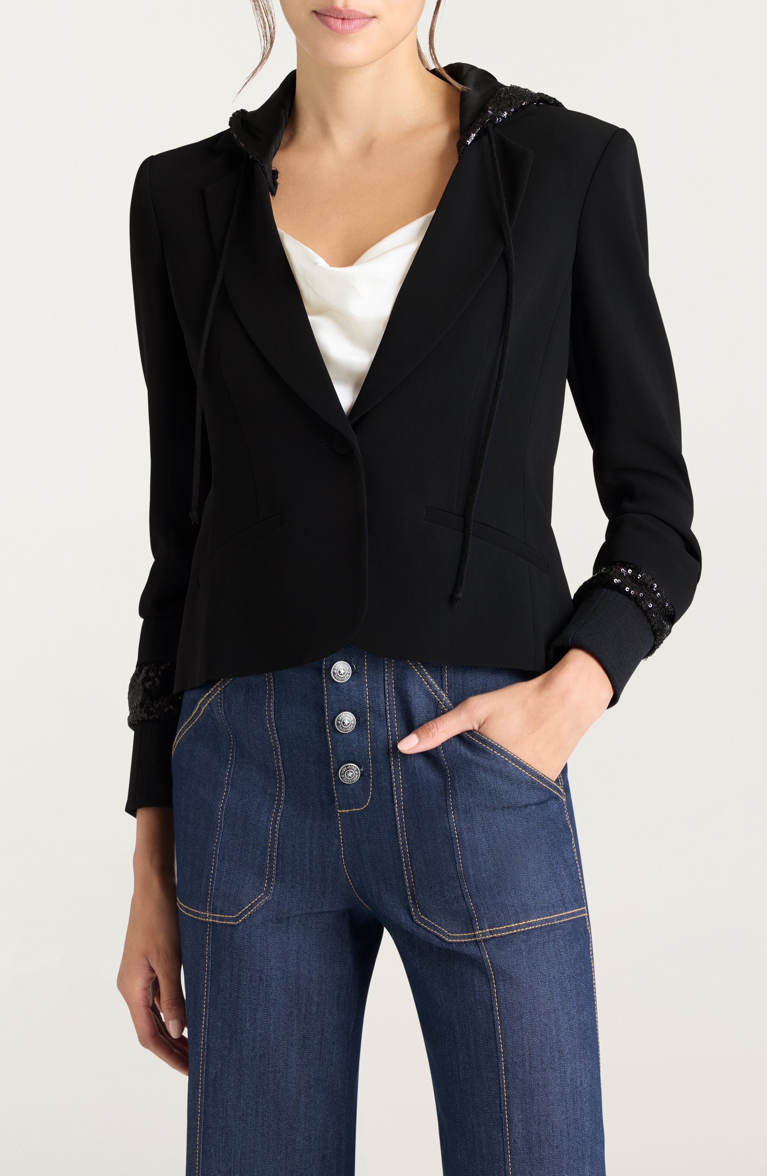 Cinq à Sept Khloe Sequin Trim Hooded Blazer