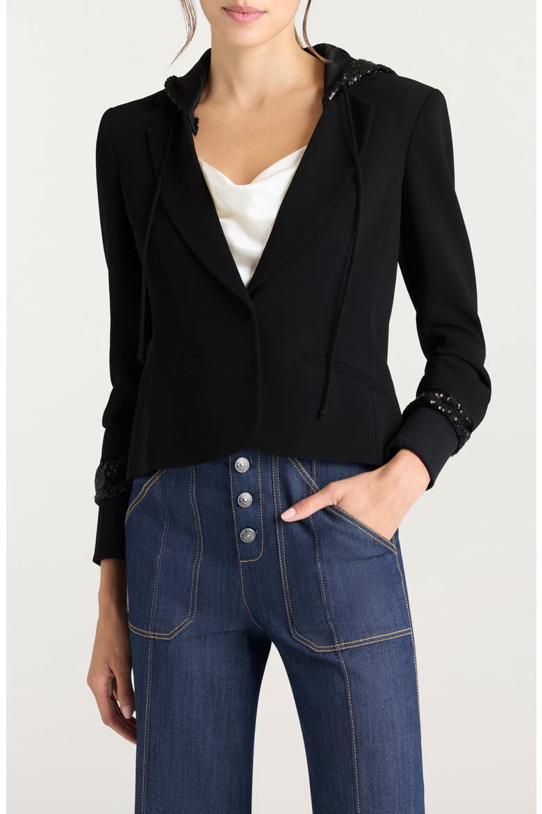 Khloe Sequin Trim Hooded Blazer, Main, color, BLACK/ BLACK