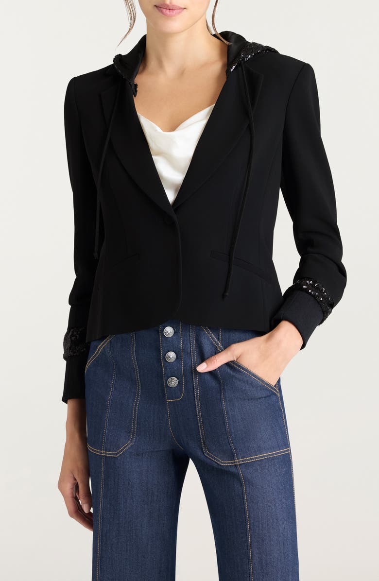 Cinq à Sept Khloe Sequin Trim Hooded Blazer, Main, color, Black/ Black