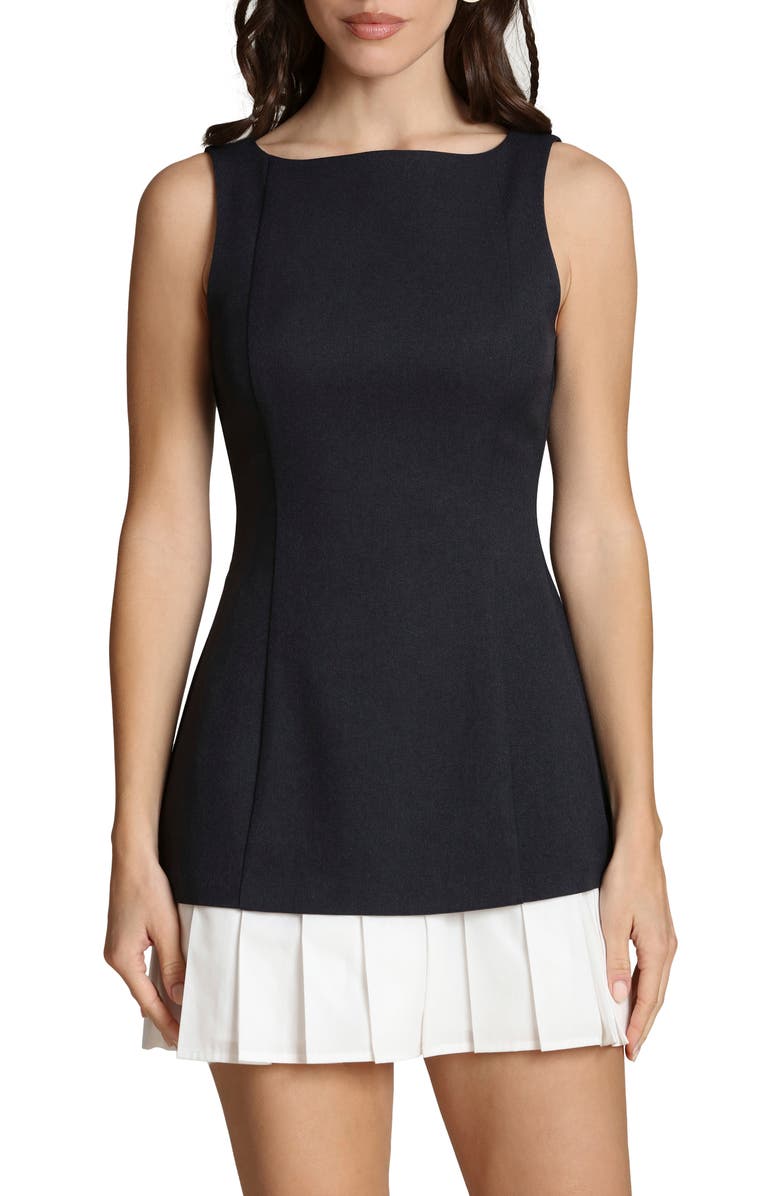 Avec Les Filles Pleated Drop Waist Mixed Media Minidress, Alternate, color, 