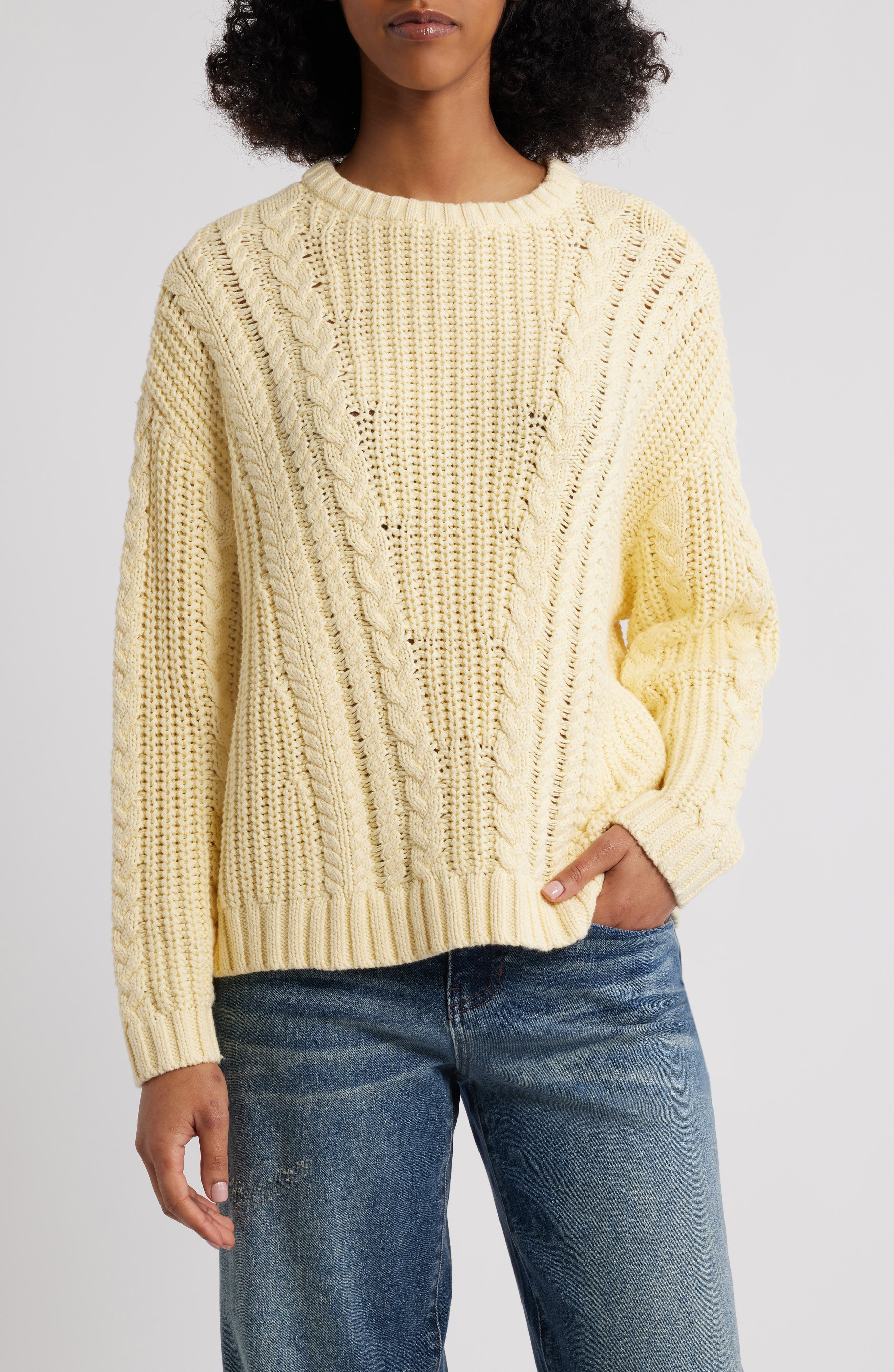 Pacsun Magnolia Oversize Cable Stitch Cotton Sweater In Yellow