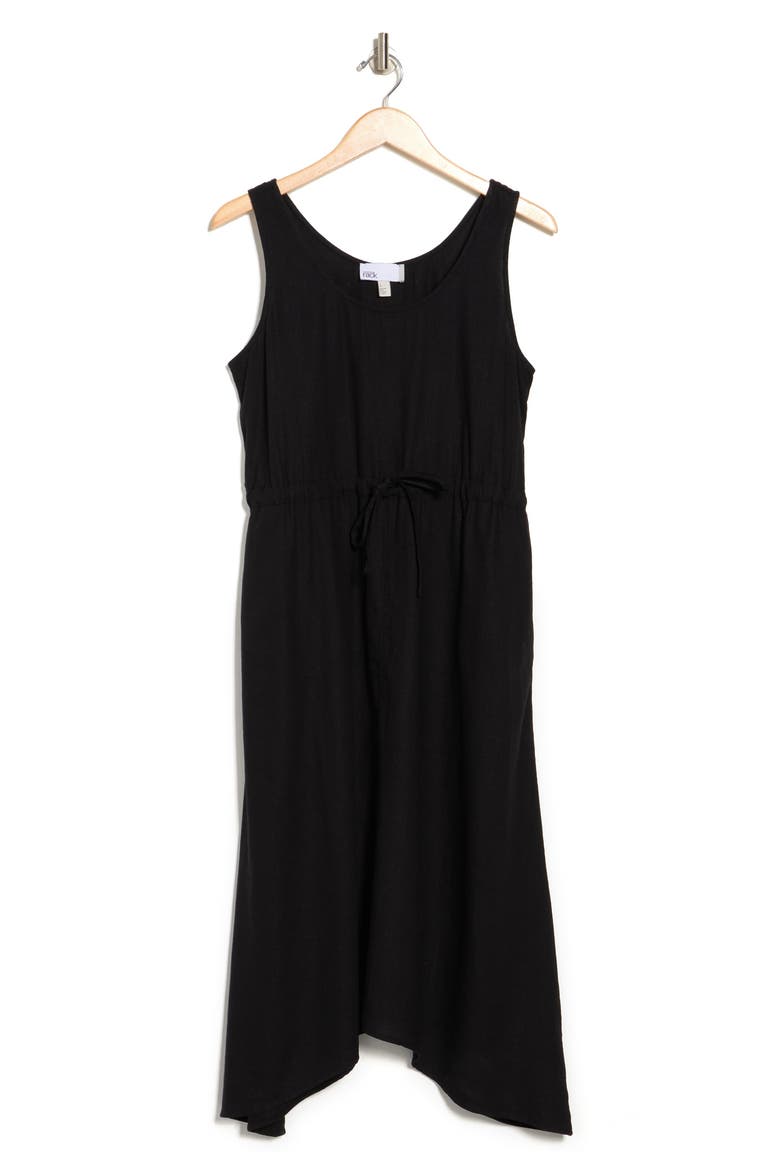 Drawstring Waist Linen Blend Midi Dress, Alternate, color, BLACK