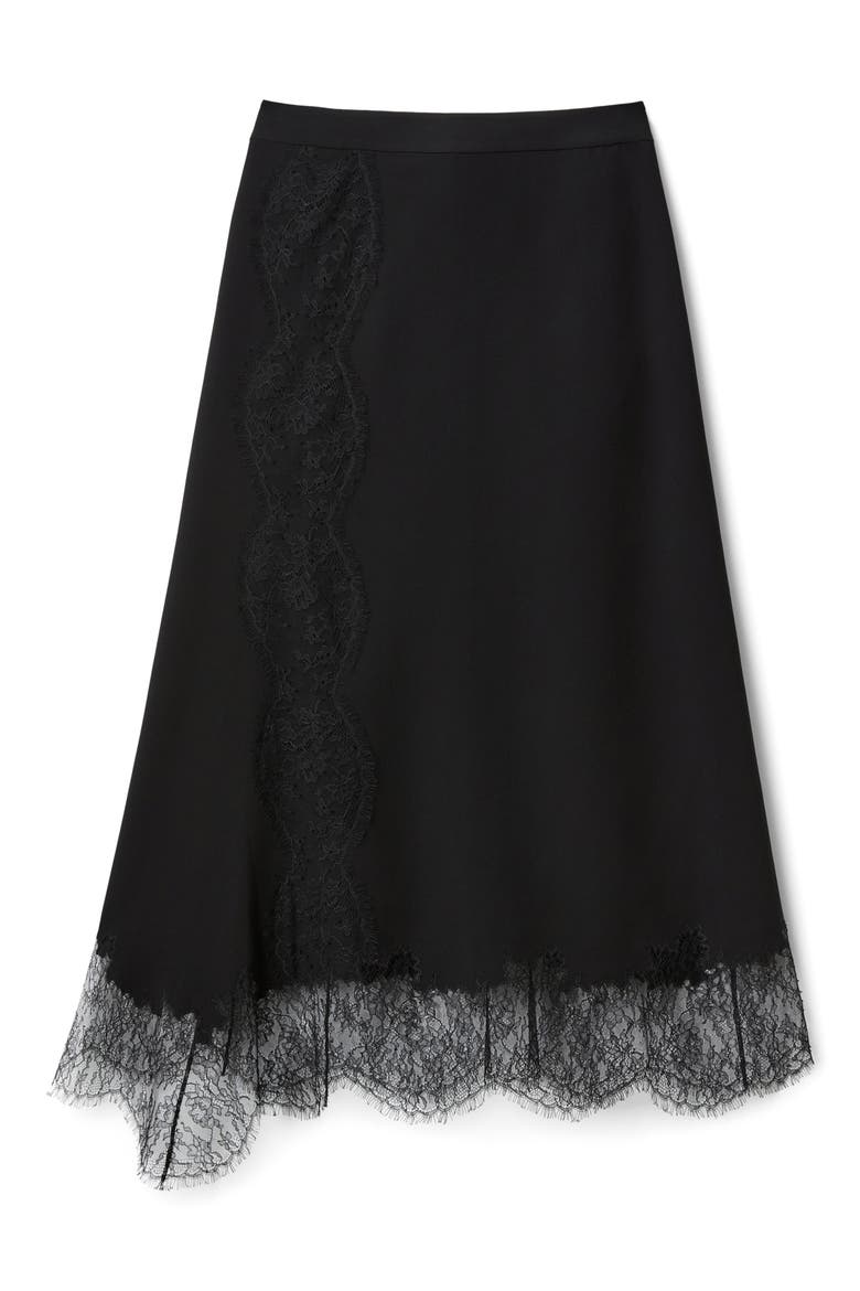 Asymmetric Lace Trim Crepe Skirt, Alternate, color, BLACK