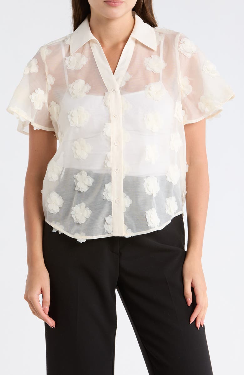 Adrianna Papell Floral Appliqué Short Sleeve Button-Up Top, Main, color, Cream Frosting