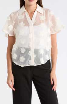 Adrianna Papell Floral Appliqué Short Sleeve Button-Up Top