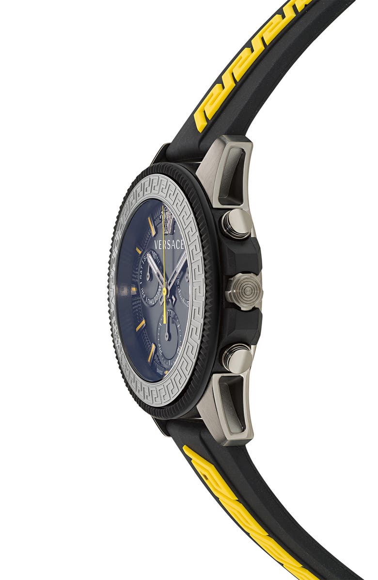 Versace Greca Action Chronograph Silicone Strap Watch, 45mm, Alternate, color, Gun