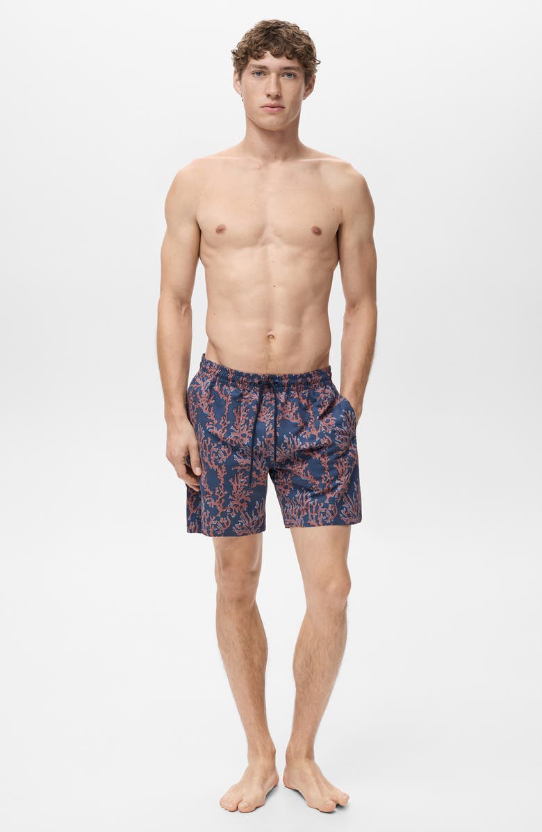 MANGO Coral Print Swim Trunks, Alternate, color, Coral Red
