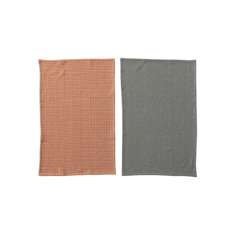 Woven Cotton Dobby Tea Towels, Orange and Charcoal, Set of 2