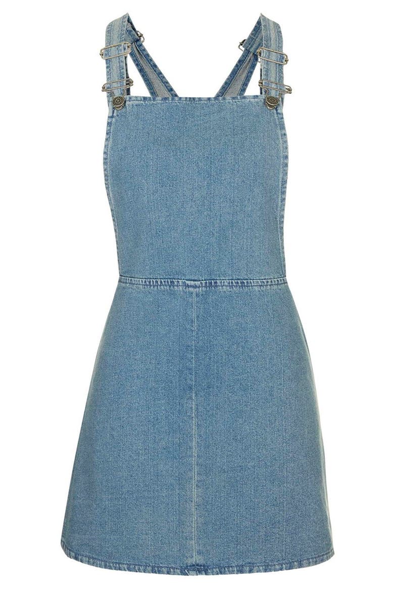 Moto Bleach Denim Pinafore Dress, Alternate, color, MID DENIM