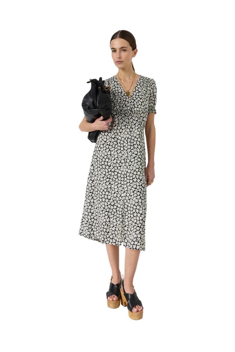 Rosi V-Neck Puff Sleeve Floral Dress, Alternate, color, Black