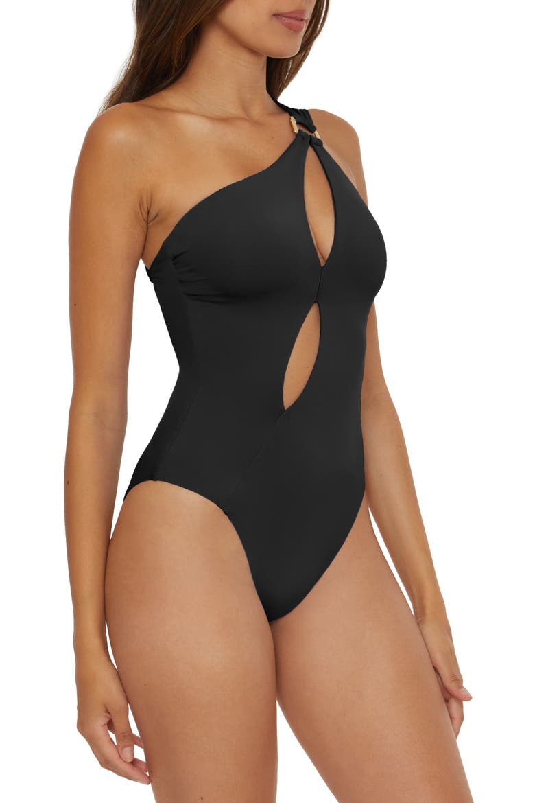 Tahiti One-Shoulder Cutout One-Piece Swimsuit, Alternate, color, BLACK