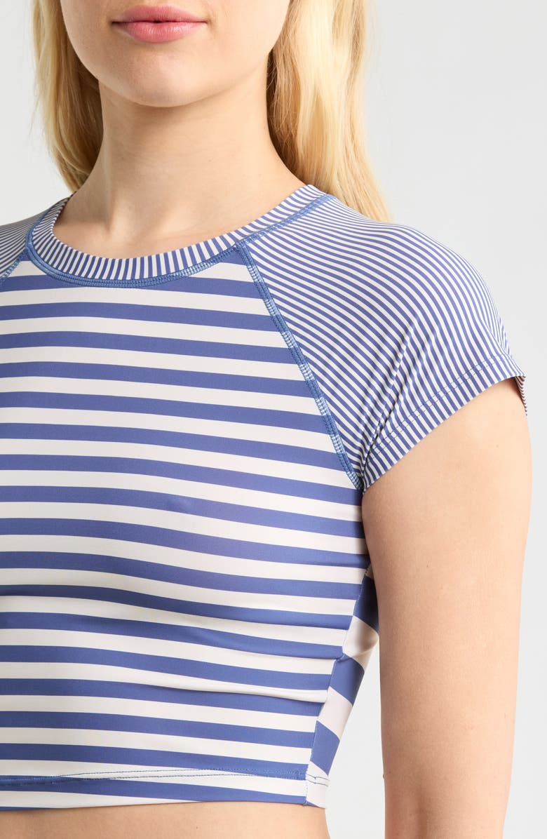 Roxy Stripe Out Short Sleeve Crop Rashguard, Alternate, color, Bijou Blue