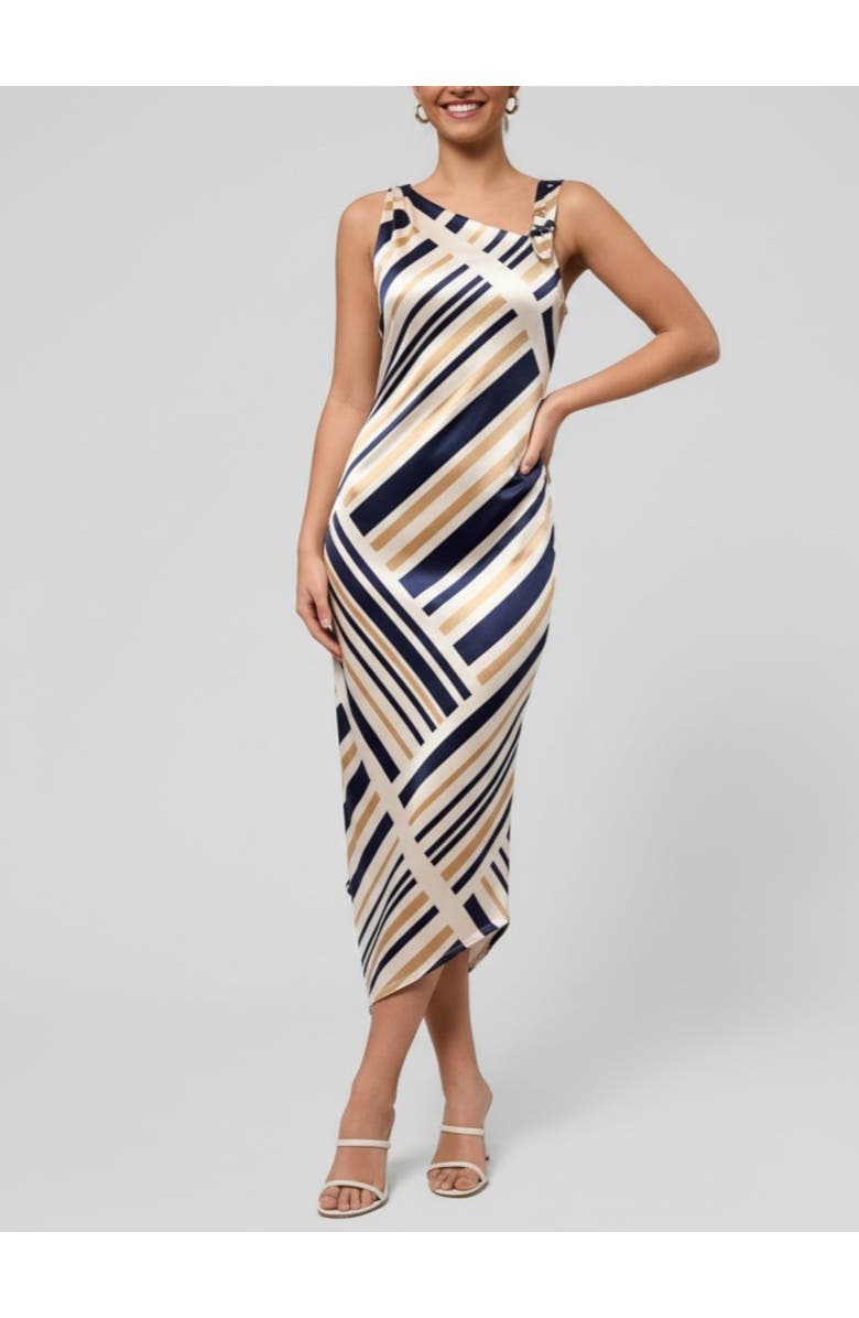 RACHEL Rachel Roy Nerida Asymmetrical Neck Midi Dress, Main, color, Navy Ivory Stripe