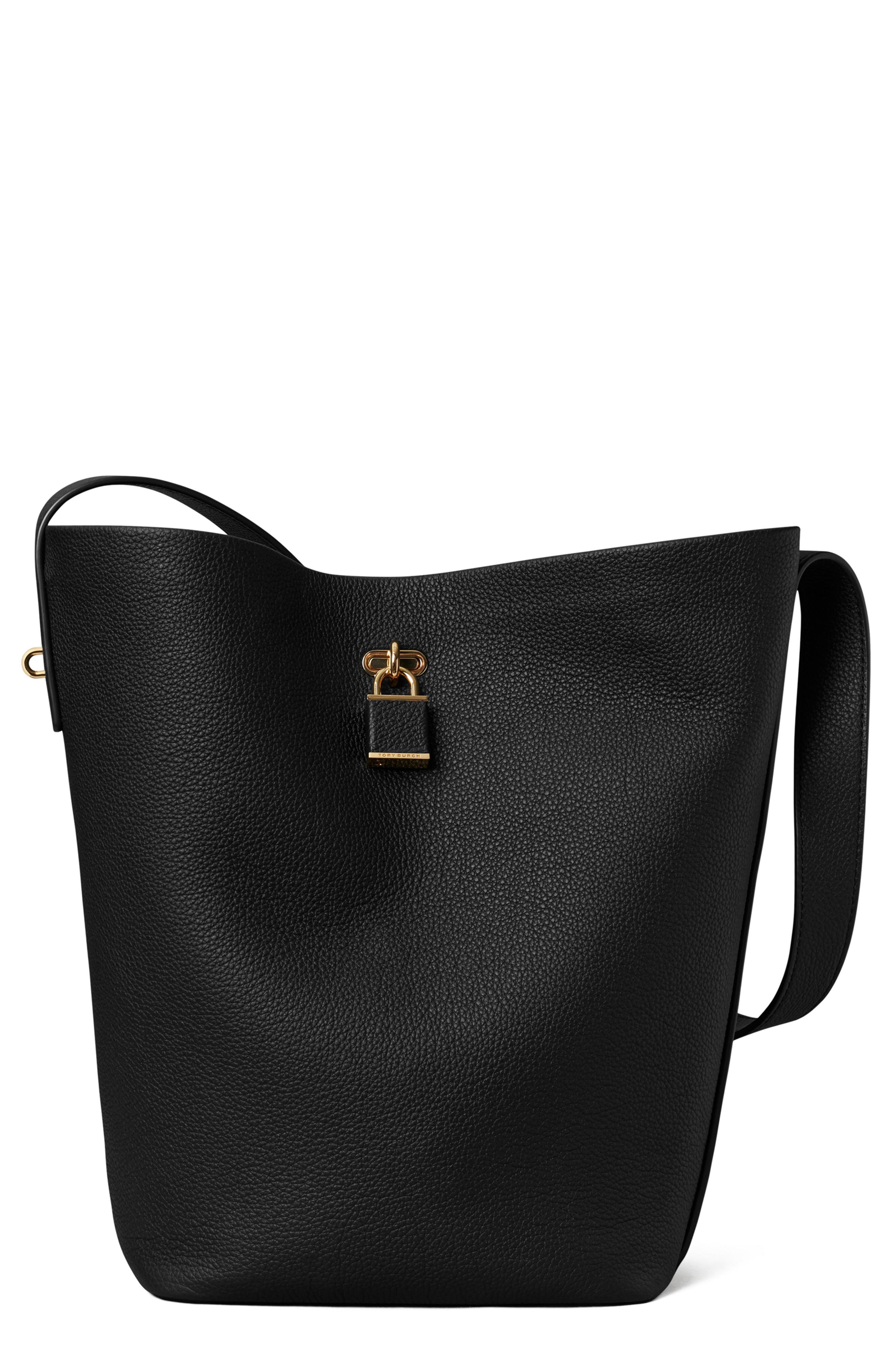 Tory Burch Slim Lock Leather Bucket Bag, Main, color, Black